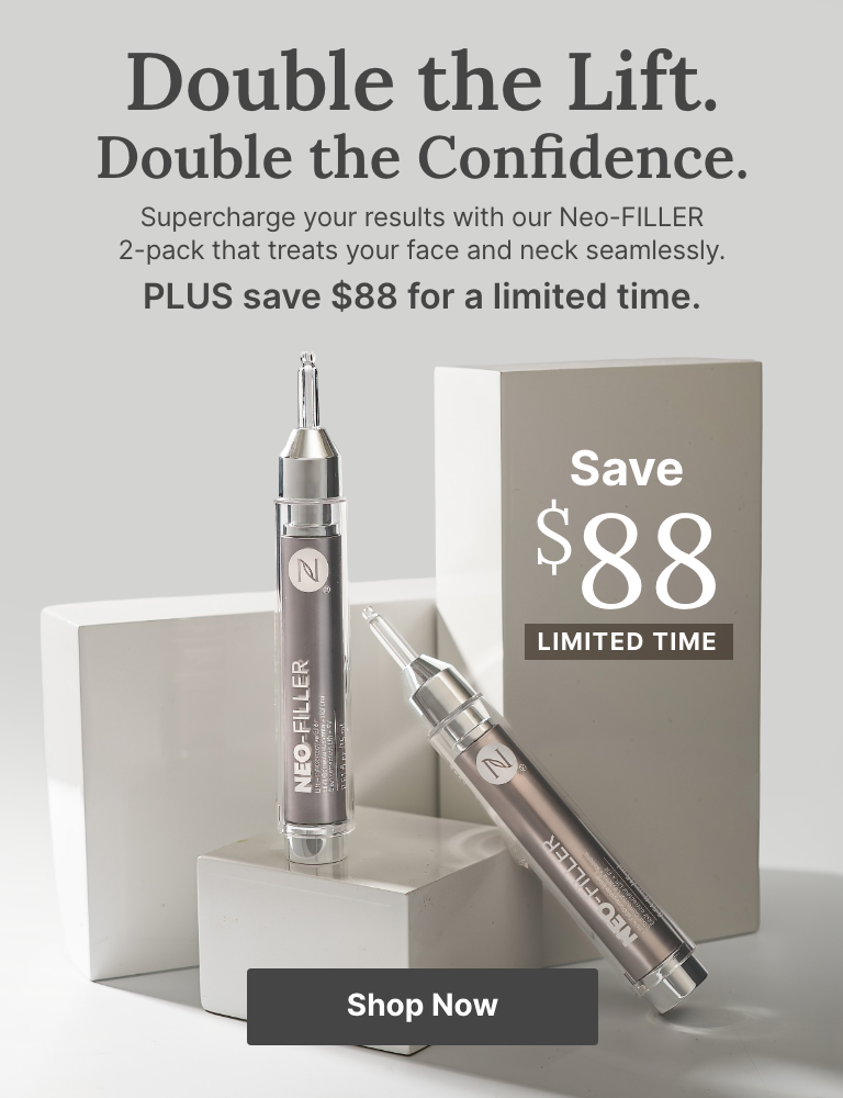 Two Neo-FILLER tubes displayed on white blocks with text reading, “Double the Lift. Double the Confidence.” It highlights a 2-pack with a limited-time $51 savings offer and a “Shop Now” button.